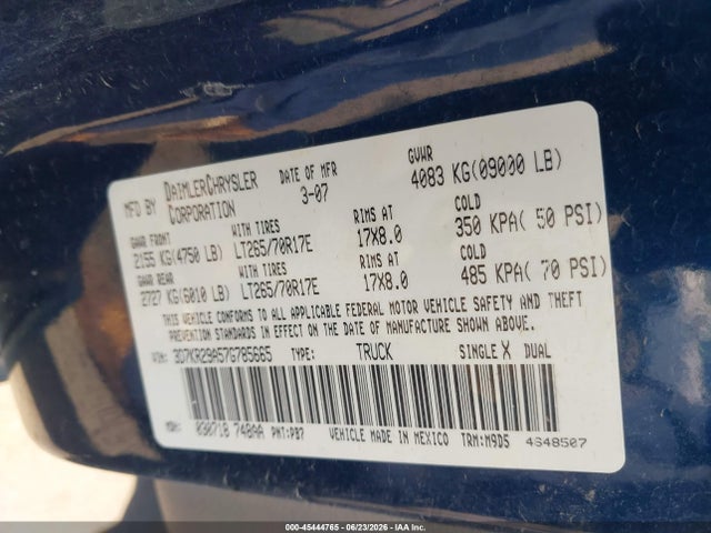Auction sale of the 2007 Dodge Ram 2500 Slt, vin: 3D7KR29A57G785665, lot number: 45444765