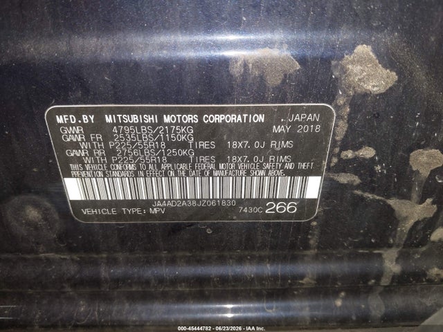 Aukcja sprzedaży 2018 Mitsubishi Outlander Es, vin: JA4AD2A38JZ061830, numer aukcji: 45444782