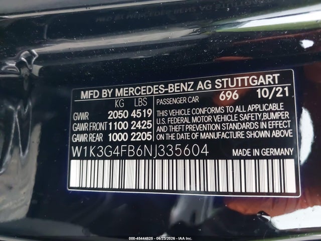45444825 :رقم المزاد ، W1K3G4FB6NJ335604 vin ، 2022 Mercedes-benz A 220 4matic مزاد بيع