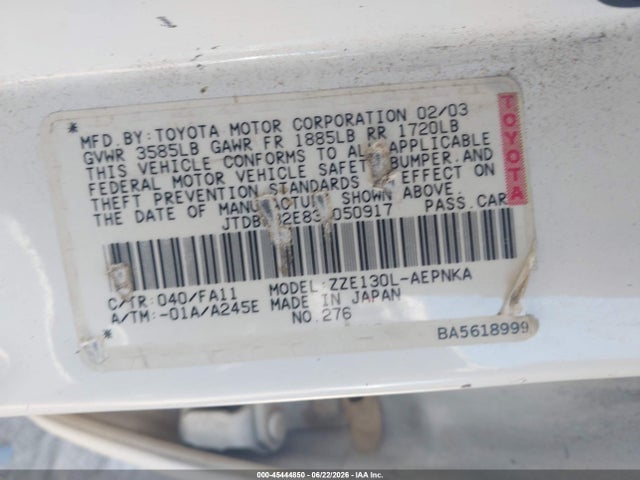 Aukcja sprzedaży 2003 Toyota Corolla Le, vin: JTDBR32E830050917, numer aukcji: 45444850