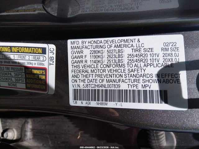 2022 Acura Rdx A-spec Package მანქანა იყიდება აუქციონზე, vin: 5J8TC2H64NL007839, აუქციონის ნომერი: 45444862