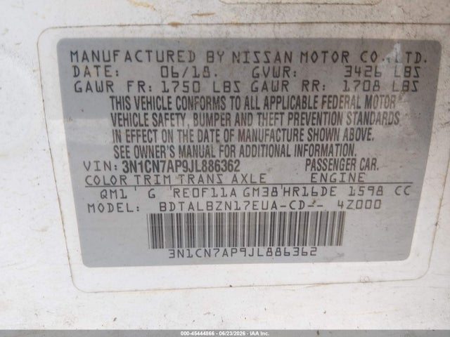 45444866 :رقم المزاد ، 3N1CN7AP9JL886362 vin ، 2018 Nissan Versa 1.6 Sv مزاد بيع