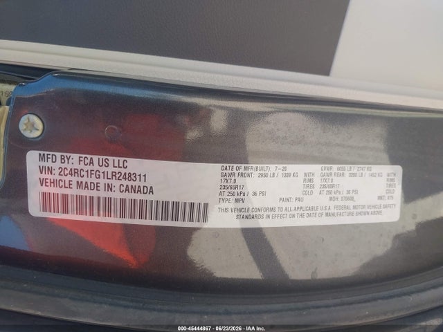 Продаж на аукціоні авто 2020 Chrysler Pacifica Touring, vin: 2C4RC1FG1LR248311, номер лоту: 45444867