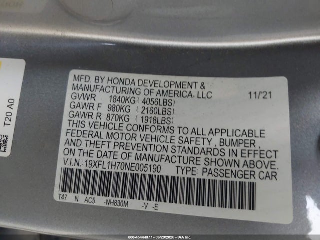 Продаж на аукціоні авто 2022 Honda Civic Ex-l, vin: 19XFL1H70NE005190, номер лоту: 45444877