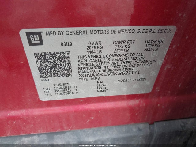 45444911 :رقم المزاد ، 3GNAXKEV3KS621171 vin ، 2019 Chevrolet Equinox Lt مزاد بيع