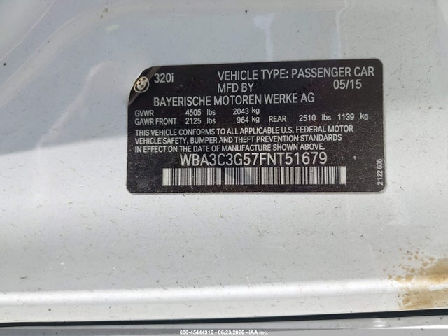 Продажа на аукционе авто 2015 Bmw 320i Xdrive, vin: WBA3C3G57FNT51679, номер лота: 45444916