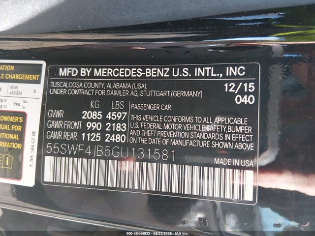 45444932 :رقم المزاد ، 55SWF4JB5GU131581 vin ، 2016 Mercedes-benz C 300 مزاد بيع