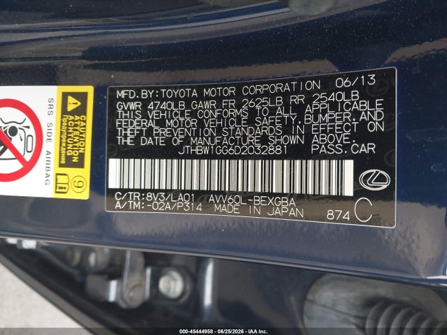 45444958 :رقم المزاد ، JTHBW1GG6D2032881 vin ، 2013 Lexus Es 300h مزاد بيع