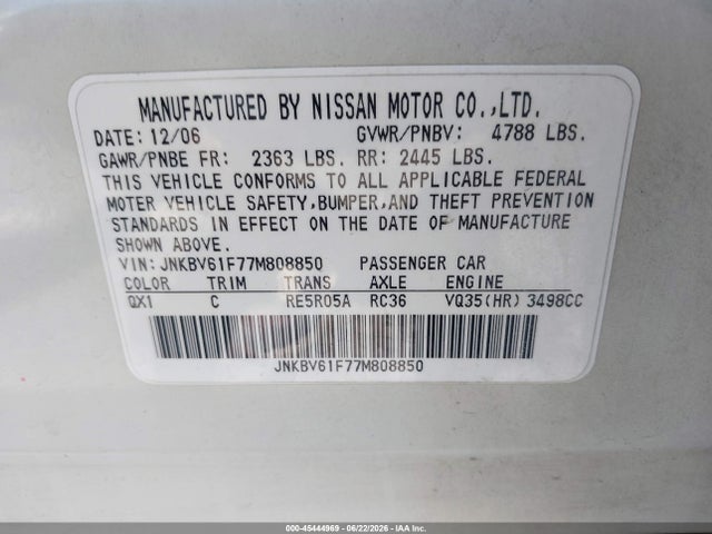 Aukcja sprzedaży 2007 Infiniti G35x, vin: JNKBV61F77M808850, numer aukcji: 45444969