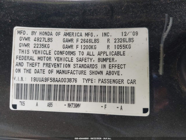 Aukcja sprzedaży 2010 Acura Tl 3.7, vin: 19UUA9F58AA003876, numer aukcji: 45444980