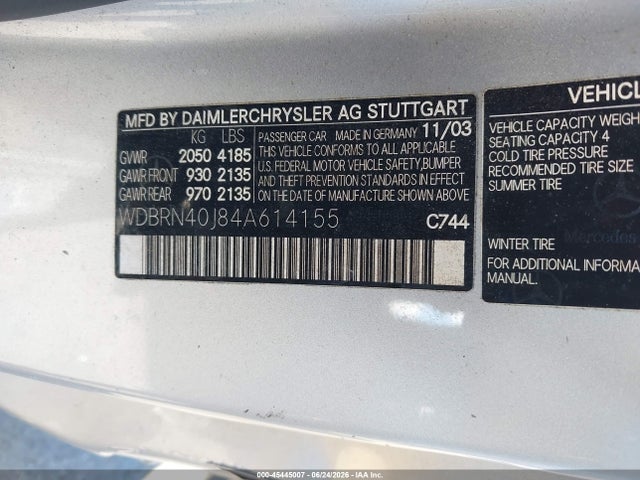45445007 :رقم المزاد ، WDBRN40J84A614155 vin ، 2004 Mercedes-benz C 230 Kompressor Sport مزاد بيع