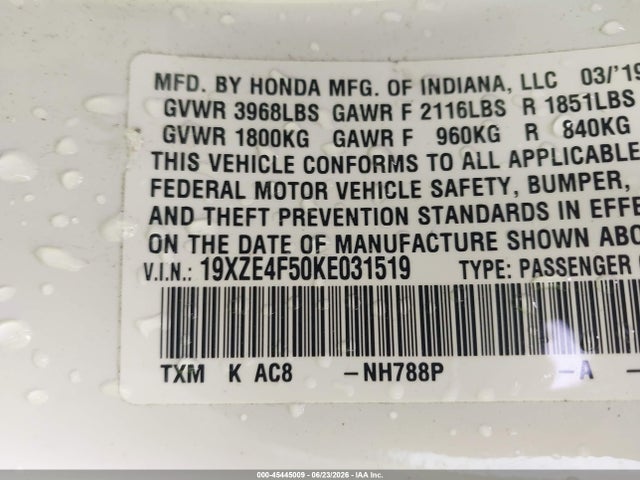 Aukcja sprzedaży 2019 Honda Insight Ex, vin: 19XZE4F50KE031519, numer aukcji: 45445009