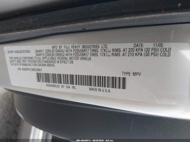 Продаж на аукціоні авто 2006 Subaru Outback 2.5i, vin: 4S4BP61C566326801, номер лоту: 45445012