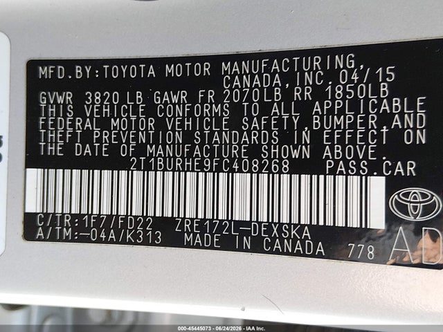 2T1BURHE9FC408268 Toyota Corolla S