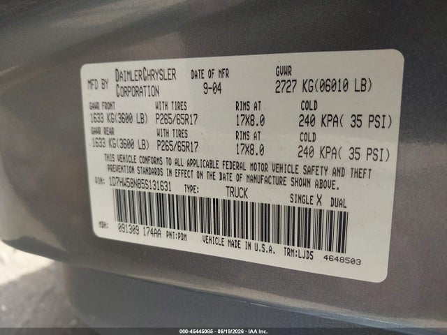 Aukcja sprzedaży 2005 Dodge Dakota Laramie, vin: 1D7HW58N85S131631, numer aukcji: 45445085
