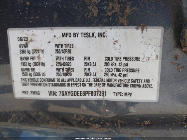45445109 :رقم المزاد ، 7SAYGDEE8PF807391 vin ، 2023 Tesla Model Y Awd/long Range Dual Motor All-wheel Drive مزاد بيع