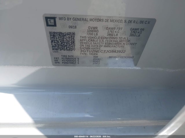 Продаж на аукціоні авто 2018 Gmc Sierra 1500 Slt, vin: 3GTU2NEC7JG543922, номер лоту: 45445114