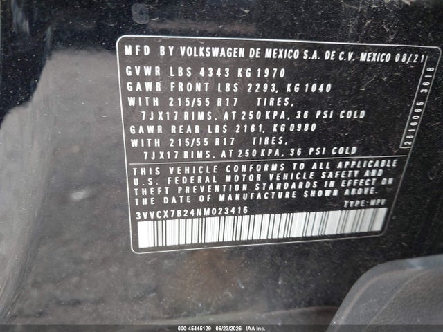 2022 Volkswagen Taos 1.5t S მანქანა იყიდება აუქციონზე, vin: 3VVCX7B24NM023416, აუქციონის ნომერი: 45445129