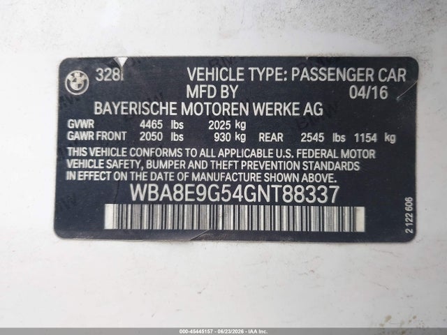 Aukcja sprzedaży 2016 Bmw 328i, vin: WBA8E9G54GNT88337, numer aukcji: 45445157