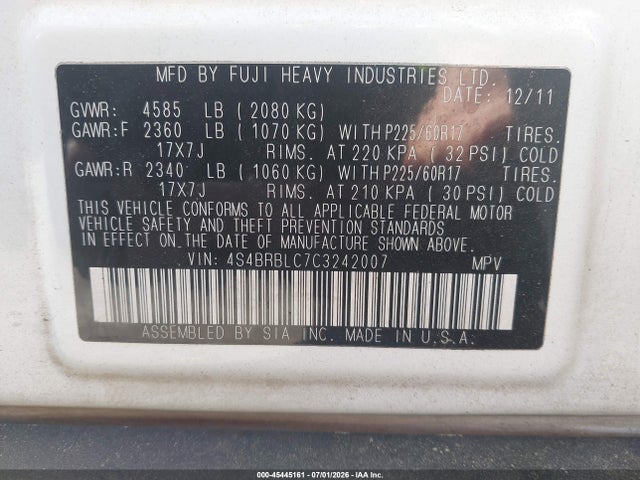 Продаж на аукціоні авто 2012 Subaru Outback 2.5i Limited, vin: 4S4BRBLC7C3242007, номер лоту: 45445161