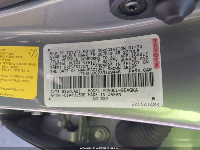 Продаж на аукціоні авто 2003 Lexus Es 300, vin: JTHBF30G230129446, номер лоту: 45445193