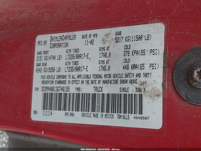 Aukcja sprzedaży 2003 Dodge Ram 3500 Slt/laramie/st, vin: 3D3MA48613G746155, numer aukcji: 45445194