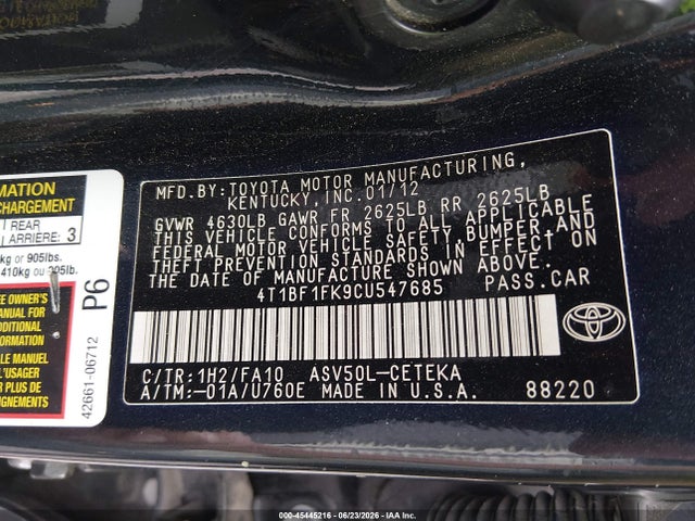 Auction sale of the 2012 Toyota Camry L, vin: 4T1BF1FK9CU547685, lot number: 45445216