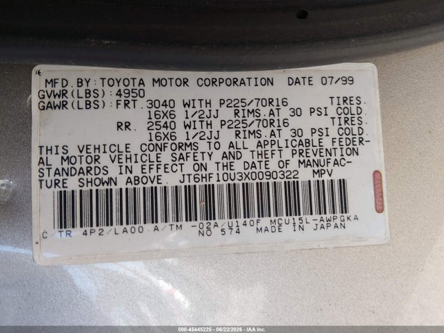 Aukcja sprzedaży 1999 Lexus Rx 300, vin: JT6HF10U3X0090322, numer aukcji: 45445225