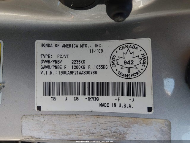 2010 Acura Tl 3.7 მანქანა იყიდება აუქციონზე, vin: 19UUA9F21AA800766, აუქციონის ნომერი: 45445262