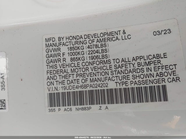 45445276 :رقم المزاد ، 19UDE4H68PA024202 vin ، 2023 Acura Integra A-spec Technology مزاد بيع