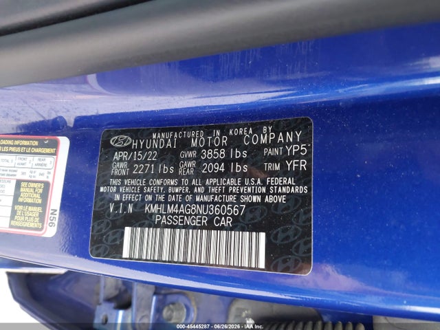 45445287 :رقم المزاد ، KMHLM4AG8NU360567 vin ، 2022 Hyundai Elantra Sel مزاد بيع