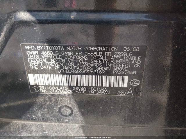 45445347 :رقم المزاد ، JTHBJ46GX82263189 vin ، 2008 Lexus Es 350 مزاد بيع