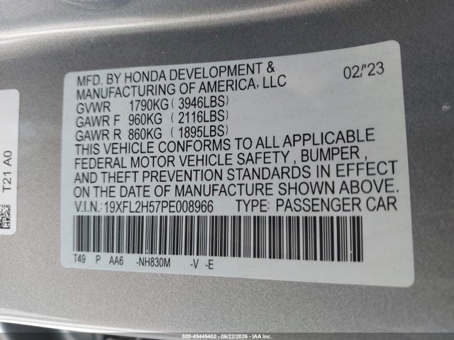 2023 Honda Civic Lx მანქანა იყიდება აუქციონზე, vin: 19XFL2H57PE008966, აუქციონის ნომერი: 45445402