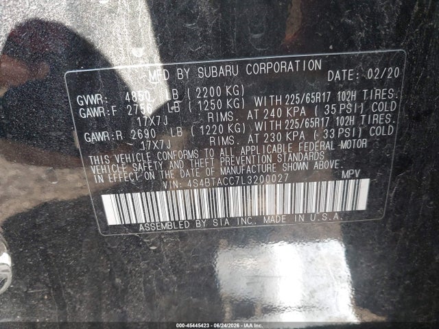 Продаж на аукціоні авто 2020 Subaru Outback Premium, vin: 4S4BTACC7L3200027, номер лоту: 45445423