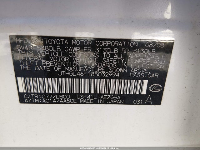 45445433 :رقم المزاد ، JTHGL46F185032994 vin ، 2008 Lexus Ls 460 L مزاد بيع