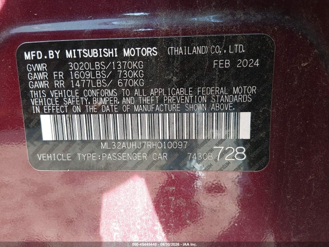 Aukcja sprzedaży 2024 Mitsubishi Mirage Es/le, vin: ML32AUHJ7RH010097, numer aukcji: 45445440
