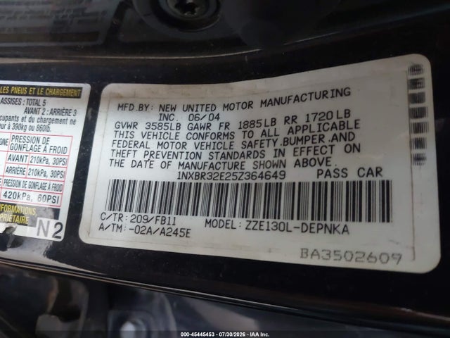 Aukcja sprzedaży 2005 Toyota Corolla Le, vin: 1NXBR32E25Z364649, numer aukcji: 45445453