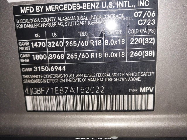 Aukcja sprzedaży 2007 Mercedes-benz Gl 450 4matic, vin: 4JGBF71E87A152022, numer aukcji: 45445468