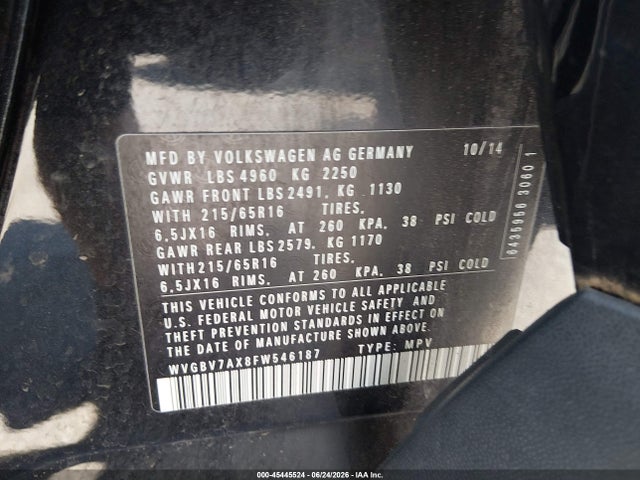 Aukcja sprzedaży 2015 Volkswagen Tiguan S, vin: WVGBV7AX8FW546187, numer aukcji: 45445524