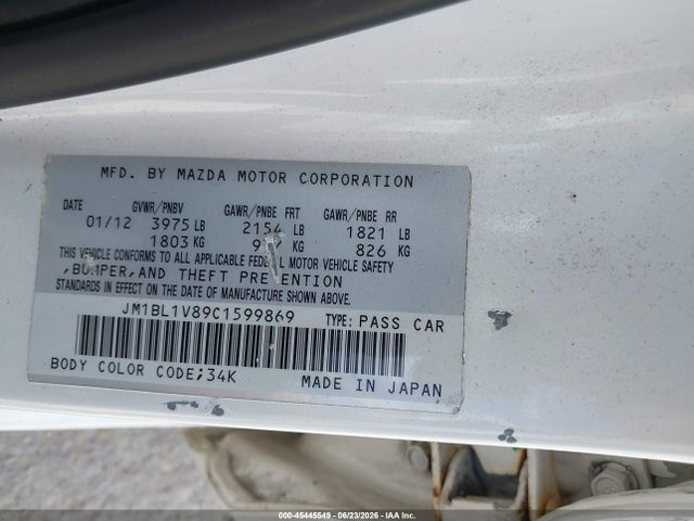 2012 Mazda Mazda3 I Touring მანქანა იყიდება აუქციონზე, vin: JM1BL1V89C1599869, აუქციონის ნომერი: 45445549