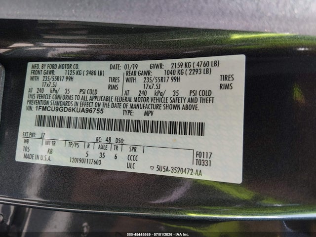45445569 :رقم المزاد ، 1FMCU9GD6KUA96755 vin ، 2019 Ford Escape Se مزاد بيع