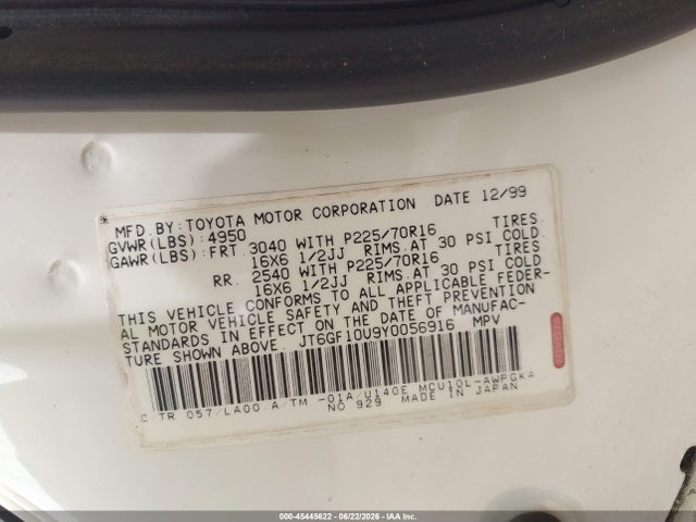 Продажа на аукционе авто 2000 Lexus Rx 300, vin: JT6GF10U9Y0056916, номер лота: 45445622