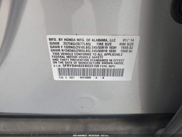 45445623 :رقم المزاد ، 5FRYD4H82EB033159 vin ، 2014 Acura Mdx Advance Pkg W/entertainment Pkg مزاد بيع