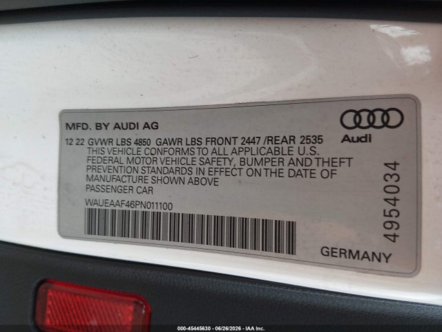 45445630 :رقم المزاد ، WAUEAAF46PN011100 vin ، 2023 Audi A4 Premium Plus 45 Tfsi S Line Quattro S Tronic مزاد بيع