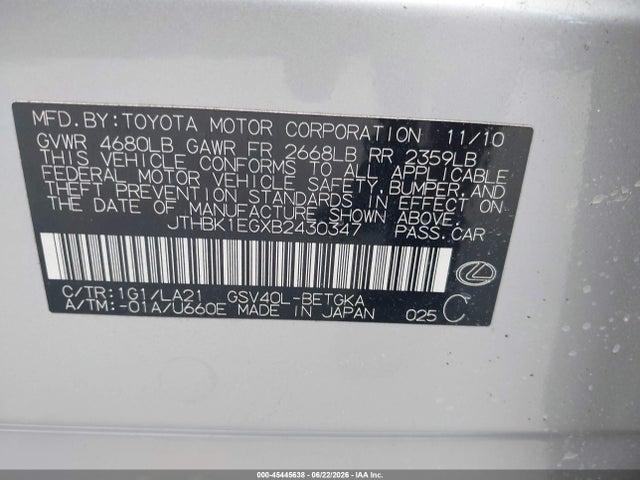 Aukcja sprzedaży 2011 Lexus Es 350, vin: JTHBK1EGXB2430347, numer aukcji: 45445638