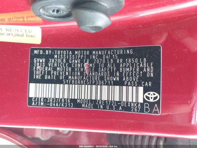 Toyota COROLLA LE 2015 5YFBURHE5FP306711 Image 9