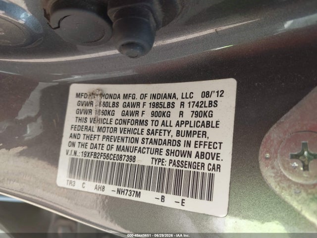 2012 Honda Civic Lx მანქანა იყიდება აუქციონზე, vin: 19XFB2F56CE087398, აუქციონის ნომერი: 45445651