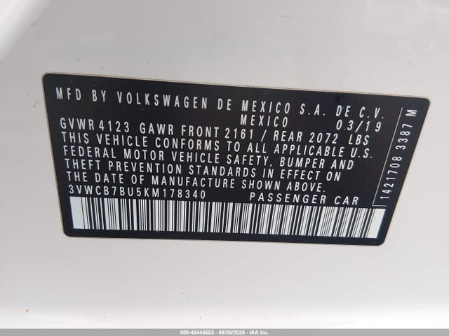 Aukcja sprzedaży 2019 Volkswagen Jetta 1.4t R-line/1.4t S/1.4t Se, vin: 3VWCB7BU5KM178340, numer aukcji: 45445653