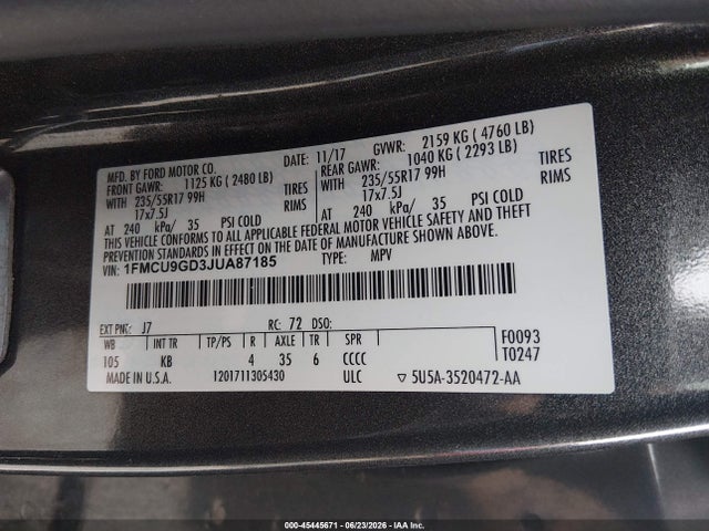 Ford ESCAPE SE 2018 1FMCU9GD3JUA87185 Image 9