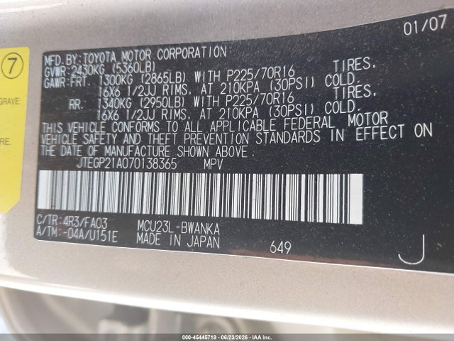 Aukcja sprzedaży 2007 Toyota Highlander V6 (2 Rows) (a5), vin: JTEGP21A070138365, numer aukcji: 45445719